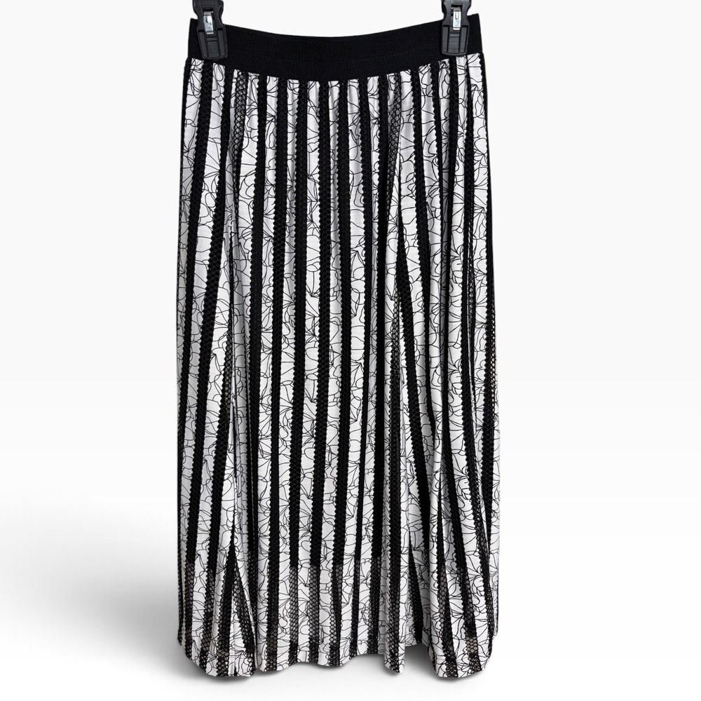 Alfani Black White Striped Lace Midi Skirt Floral Mesh Women's Size S